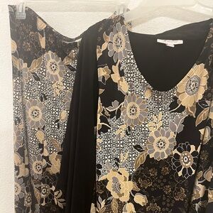 XL Floral Two-Piece Skirt Set . Black Beige Stretch Top & Matching Skirt